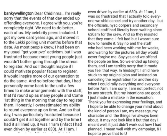 Banky W replies business consultant after she called him out for his actions during voters card collection 
