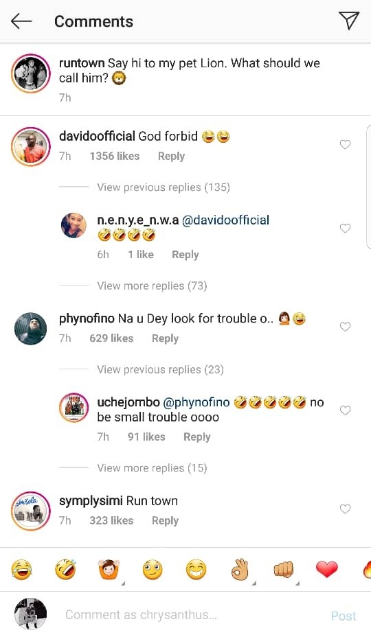 Davido, Phyno, Simi and other celebs react after Runtown showed off the pet Lion he just bought (Photo/Video)
