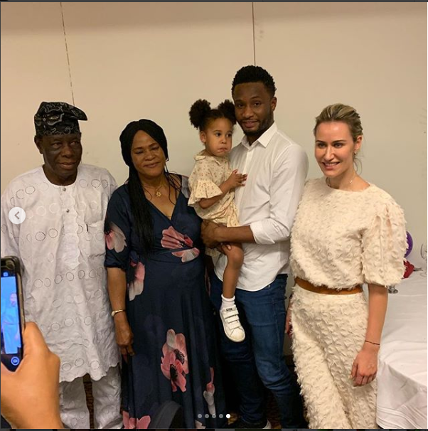 Adorable photos of Mikel Obi, his Russian partner and daughters as they visit his parents in Nigeria