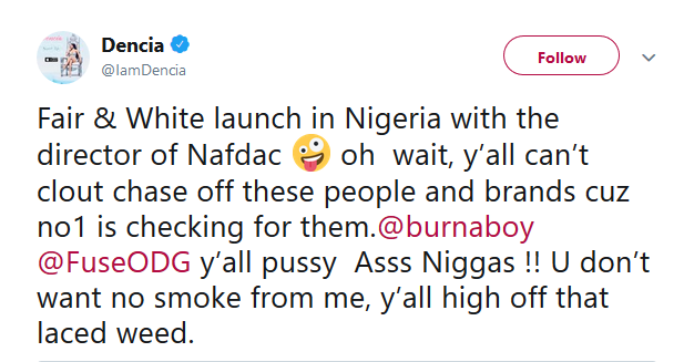Dencia slams Burna Boy, Fuse ODG and other celebrities criticising her lightening cream