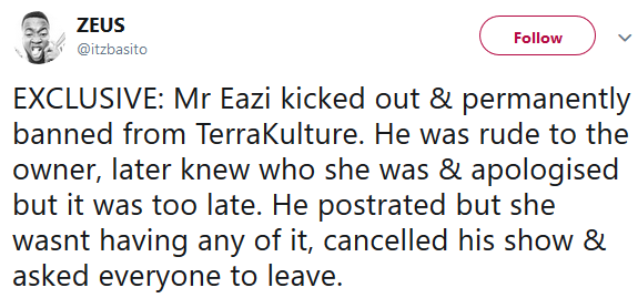 Mr Eazi reacts after he was allegedly thrown out and permanently banned from TerraKulture for being rude to the owner