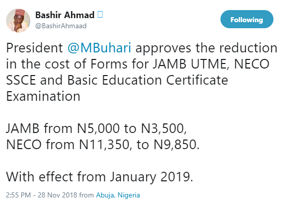 President Buhari approves the reduction of the cost of Forms for JAMB UTME, NECO SSCE