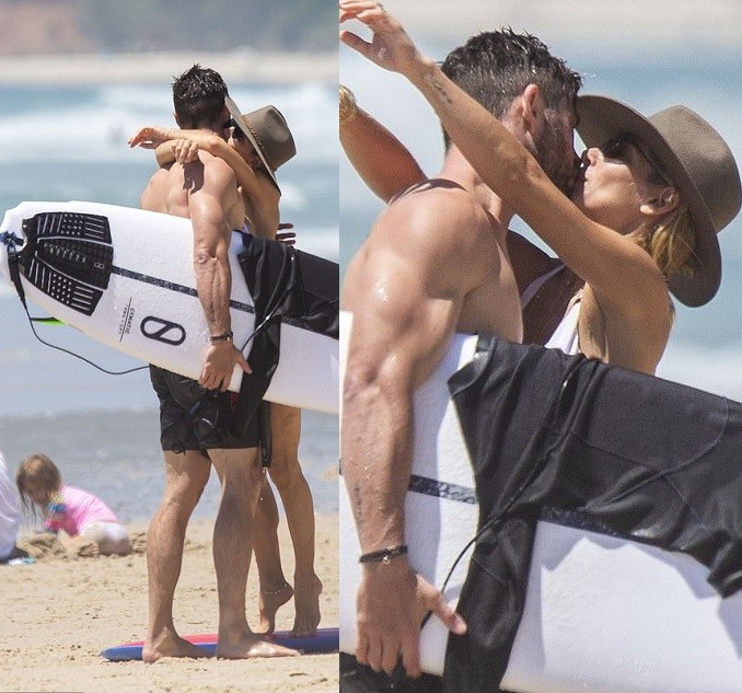Chris Hemsworth and wife Elsa Pataky pack on the PDA as they enjoy a family day out at the beach (Photos)