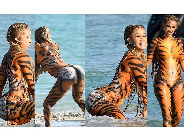 Cardi B twerks on Miami beach in tiger costume after failing to appear in court over a fight at New York club (Photos)