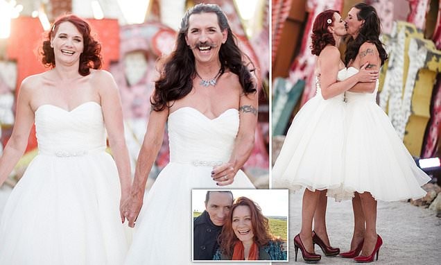 Cross-dressing man ties the knot wearing exactly the same wedding dress as his bride (Photos)