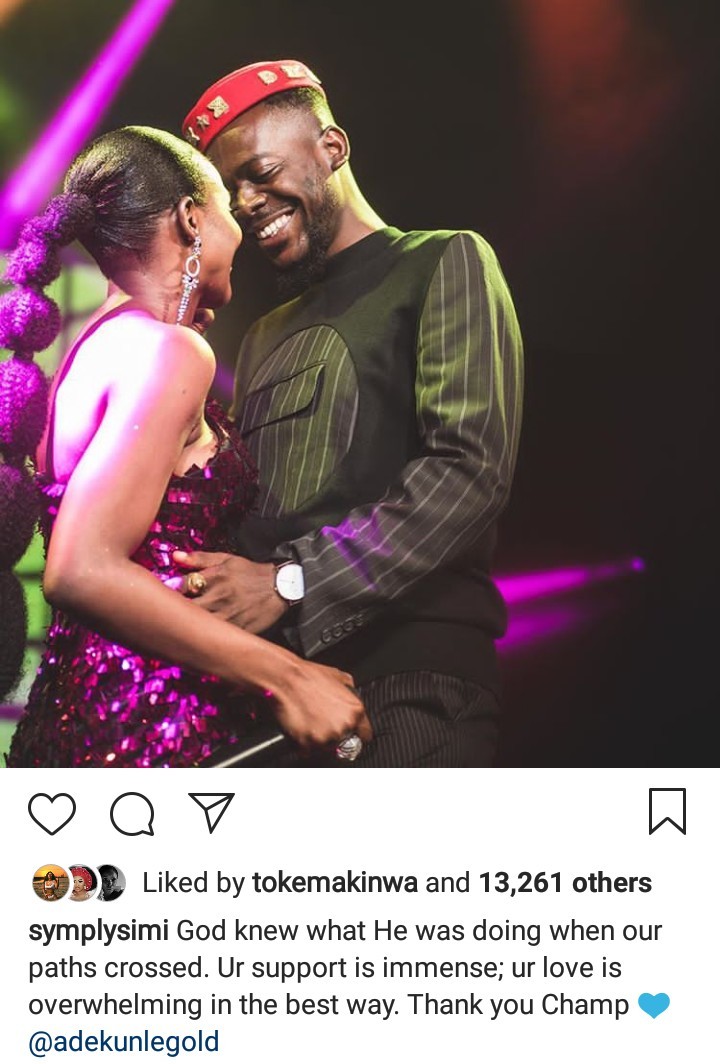 "Your love is overwhelming" - Simi tells Adekunle Gold after they share a kiss on stage (photos)