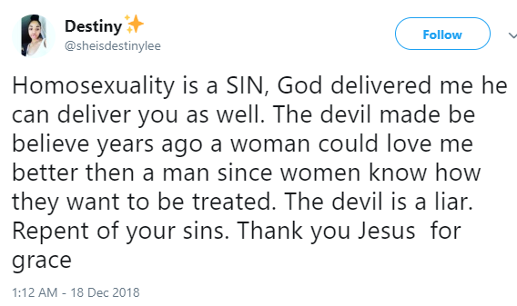 Lesbian testifies after God delivered her