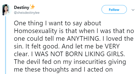 Lesbian testifies after God delivered her