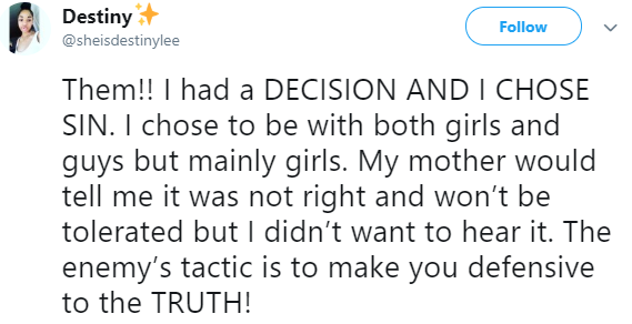 Lesbian testifies after God delivered her