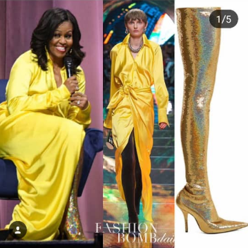 Michelle Obama makes lasting fashion statement as she steps out in a ,000 glittery thigh-high Balenciaga boots and yellow gown (photos)