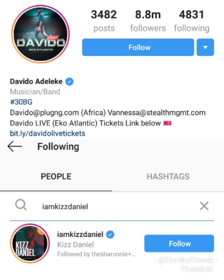Kizz Daniel unfollows Davido on IG 