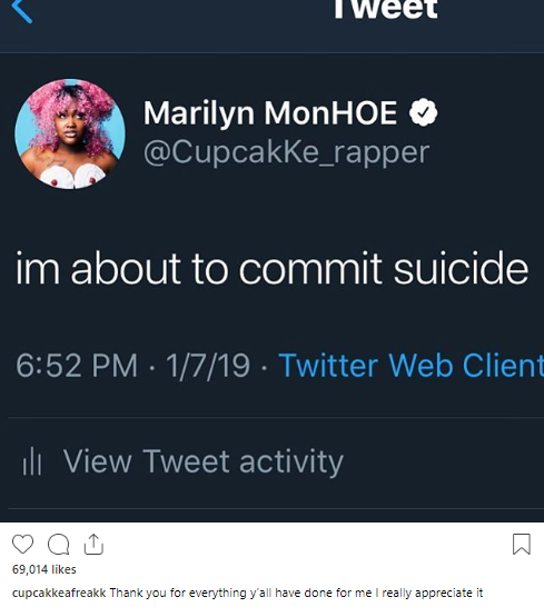 Rapper Cupcakke hospitalized after she posted suicidal tweet