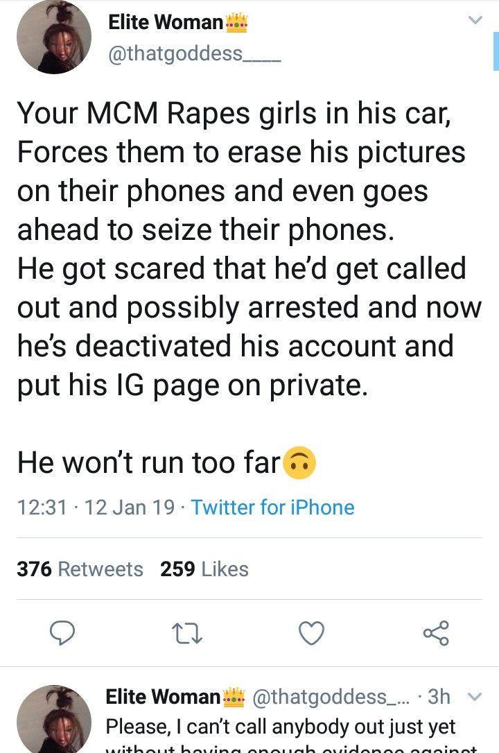 Twitter users accuse a man of being a serial rapist as alleged victim shares screenshots and narrates how he allegedly raped her