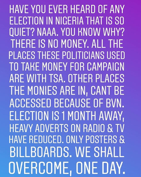 2019 election campaigns is so quiet because places politicians take money from have been blocked by TSA and BVN- Alibaba