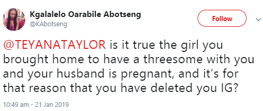 Teyana Taylor responds to rumours that her husband impregnated a woman they brought home for a threesome