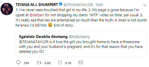 Teyana Taylor responds to rumours that her husband impregnated a woman they brought home for a threesome