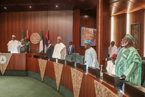 Photos: President Buhari, Obasanjo all smiles as they shake hands at Council of State meeting in Abuja today
