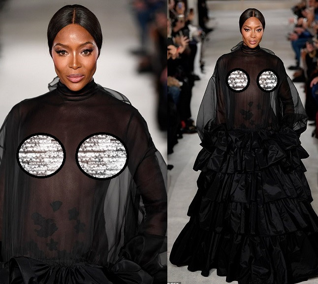 Supermodel, Naomi Campbell goes braless, flashes her nipples in a sheer dress on the runway at Valentino