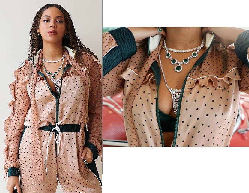 Beyonce flaunts her cleavage as she poses in a polka dot jumpsuit and diamonds in new sexy photos