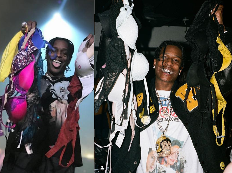 Rapper A$AP Rocky shows off different sizes of bras thrown at him on stage (Photos)