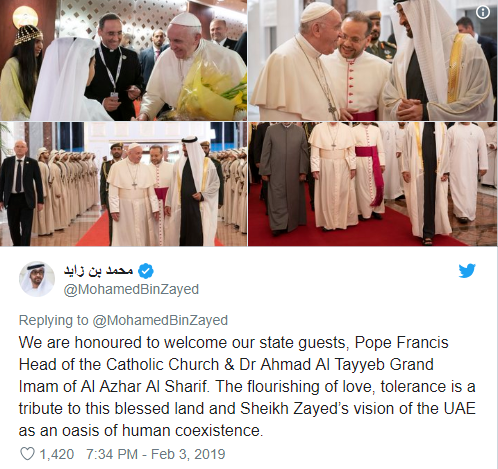 Pope Francis in Abu Dhabi for the first ever Papal visit to the Arab Peninsula (video)