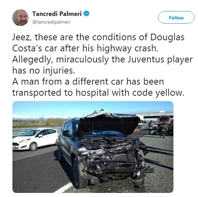 Juventus winger Douglas Costa involved in huge car crash in Italy (Photos)