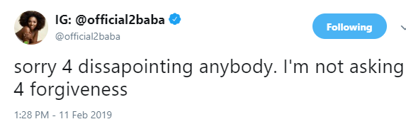 2Face Idibia retracts, says he is not asking for forgiveness from anybody