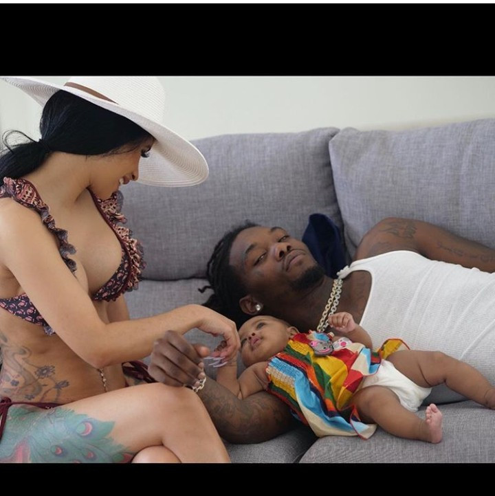 Adorable family photo of Cardi B, Offset, and Kulture at 3 months old