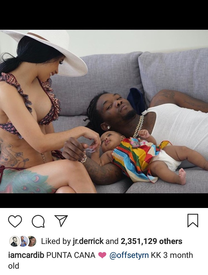 Adorable family photo of Cardi B, Offset, and Kulture at 3 months old