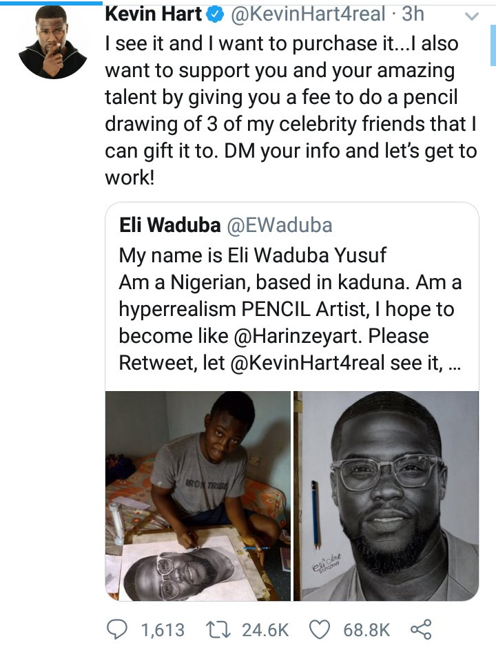 Kevin Hart reaches out to Nigerian boy who did a drawing of him