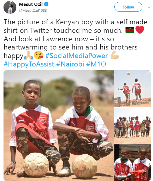 Mesut Ozil sends signed Arsenal jersey to Kenyan boy who was pictured with the footballer