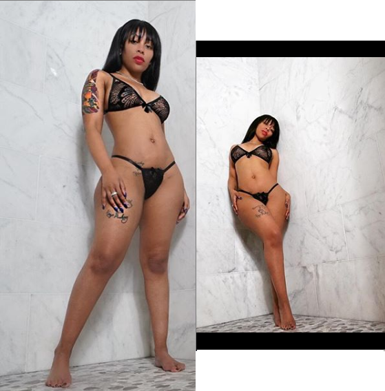Singer, K.Michelle shows off smaller curves in sexy mesh lingerie after removing fake butt Implants (Photos)