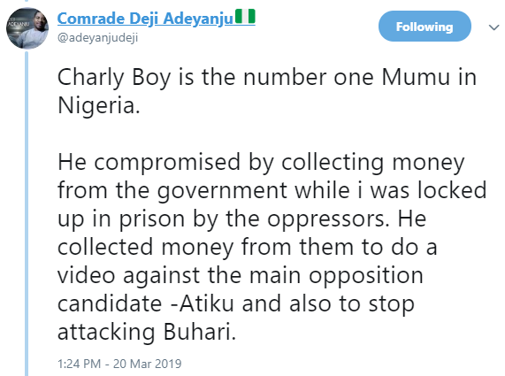 Deji Adeyanju and Charly Boy accuse each other of receiving money from politicians to run 