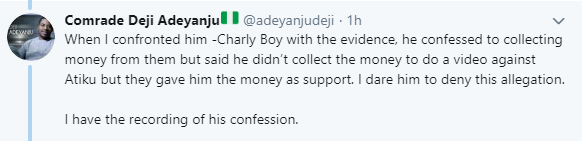 Deji Adeyanju and Charly Boy accuse each other of receiving money from politicians to run 
