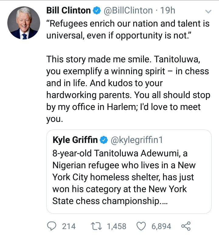 Bill Clinton invites 8year old Nigerian refugee who won a chess competition to his office