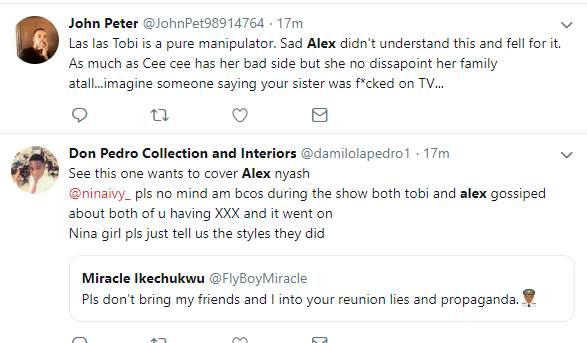 ?#BBNReunion: Twitter Nigeria reacts after Cee-C claimed that Alex and Tobi had sex in her hotel room in SA (Screenshots)