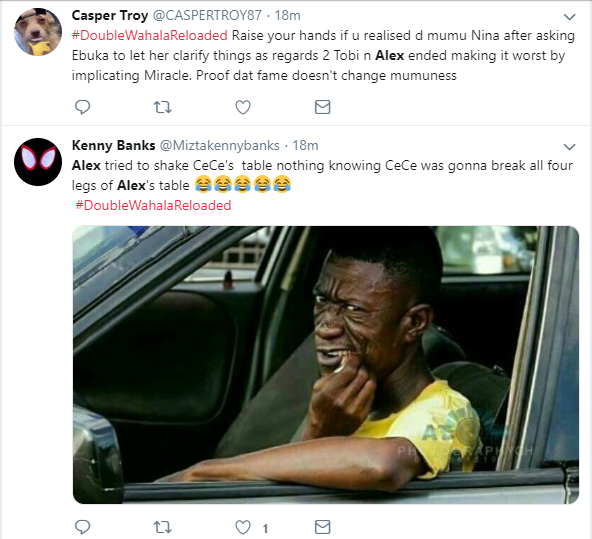 ?#BBNReunion: Twitter Nigeria reacts after Cee-C claimed that Alex and Tobi had sex in her hotel room in SA (Screenshots)