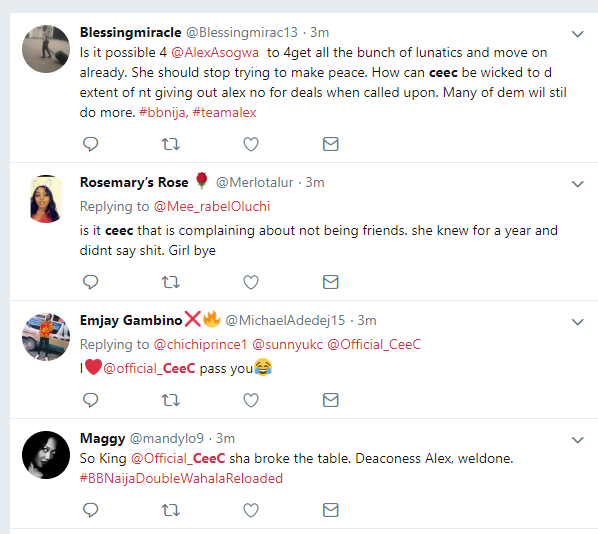 ?#BBNReunion: Twitter Nigeria reacts after Cee-C claimed that Alex and Tobi had sex in her hotel room in SA (Screenshots)