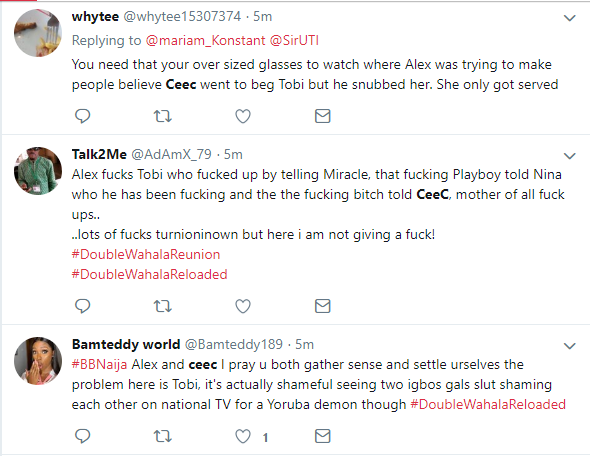?#BBNReunion: Twitter Nigeria reacts after Cee-C claimed that Alex and Tobi had sex in her hotel room in SA (Screenshots)