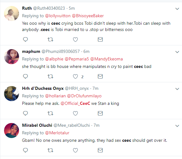 ?#BBNReunion: Twitter Nigeria reacts after Cee-C claimed that Alex and Tobi had sex in her hotel room in SA (Screenshots)