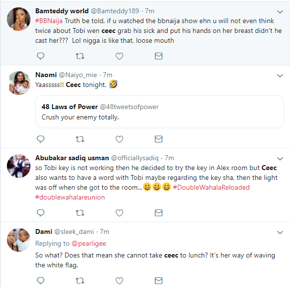 ?#BBNReunion: Twitter Nigeria reacts after Cee-C claimed that Alex and Tobi had sex in her hotel room in SA (Screenshots)