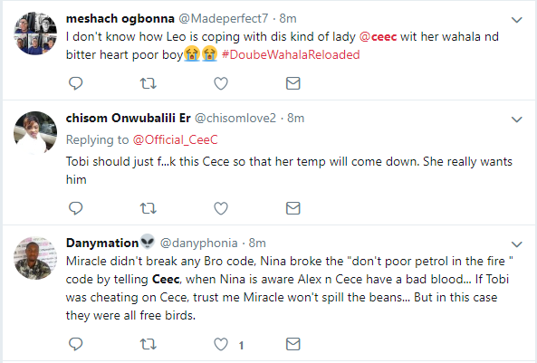 ?#BBNReunion: Twitter Nigeria reacts after Cee-C claimed that Alex and Tobi had sex in her hotel room in SA (Screenshots)