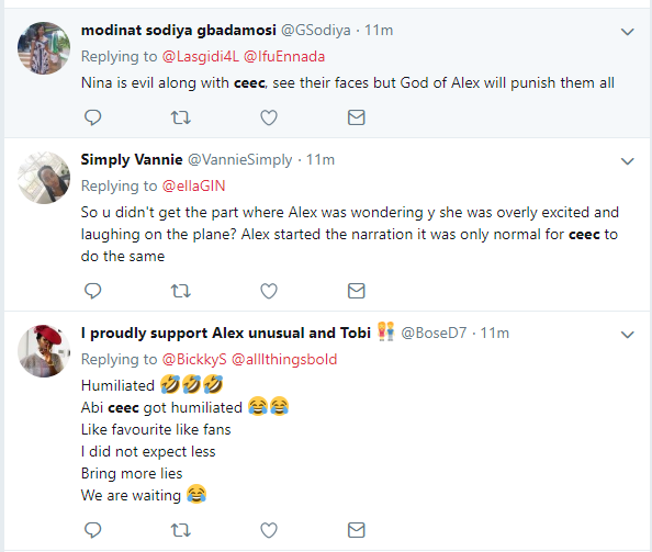 ?#BBNReunion: Twitter Nigeria reacts after Cee-C claimed that Alex and Tobi had sex in her hotel room in SA (Screenshots)