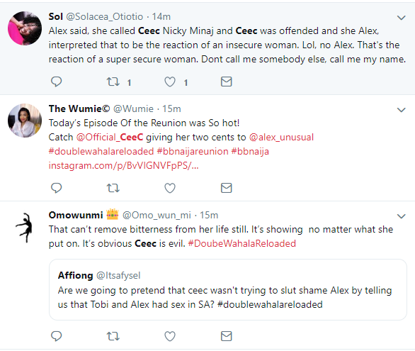 ?#BBNReunion: Twitter Nigeria reacts after Cee-C claimed that Alex and Tobi had sex in her hotel room in SA (Screenshots)