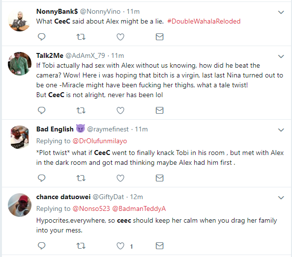 ?#BBNReunion: Twitter Nigeria reacts after Cee-C claimed that Alex and Tobi had sex in her hotel room in SA (Screenshots)