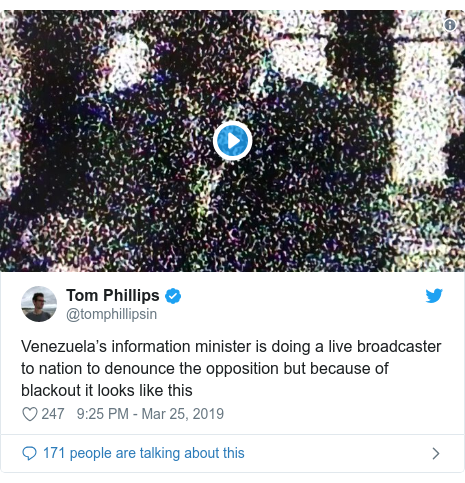 Twitter post by @tomphillipsin: Venezuela’s information minister is doing a live broadcaster to nation to denounce the opposition but because of blackout it looks like this 