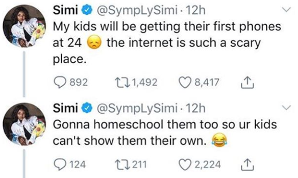 Lol......Simi says her kids will not have access to phones until they are 24
