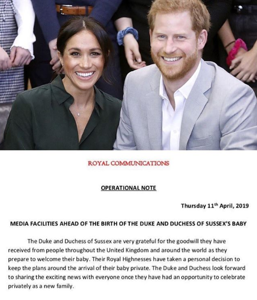 The Duke and Duchess of Sussex release a statement about the birth of their baby