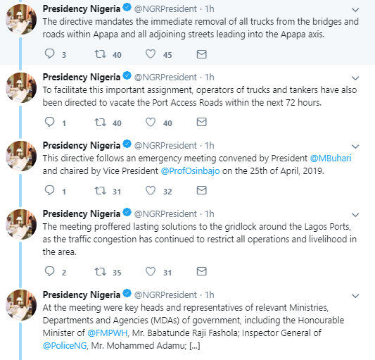 President Buhari gives truck operators, drivers 72 hours to vacate Apapa roads 