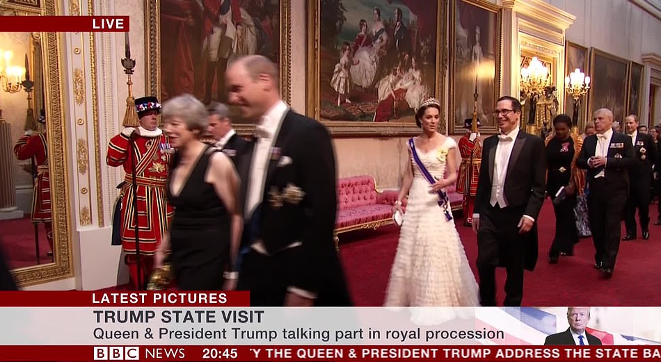 Donald Trump, Melania Trump, and Ivanka Trump pictured with members of the royal family at State Banquet holding at the Palace